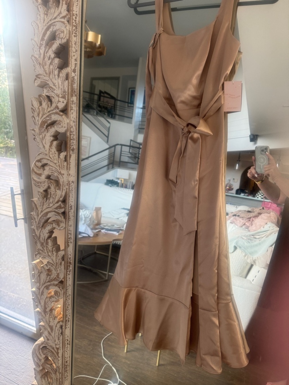 Birdy Grey Satin Tie-Waist Bridesmaid Dress in Champagne